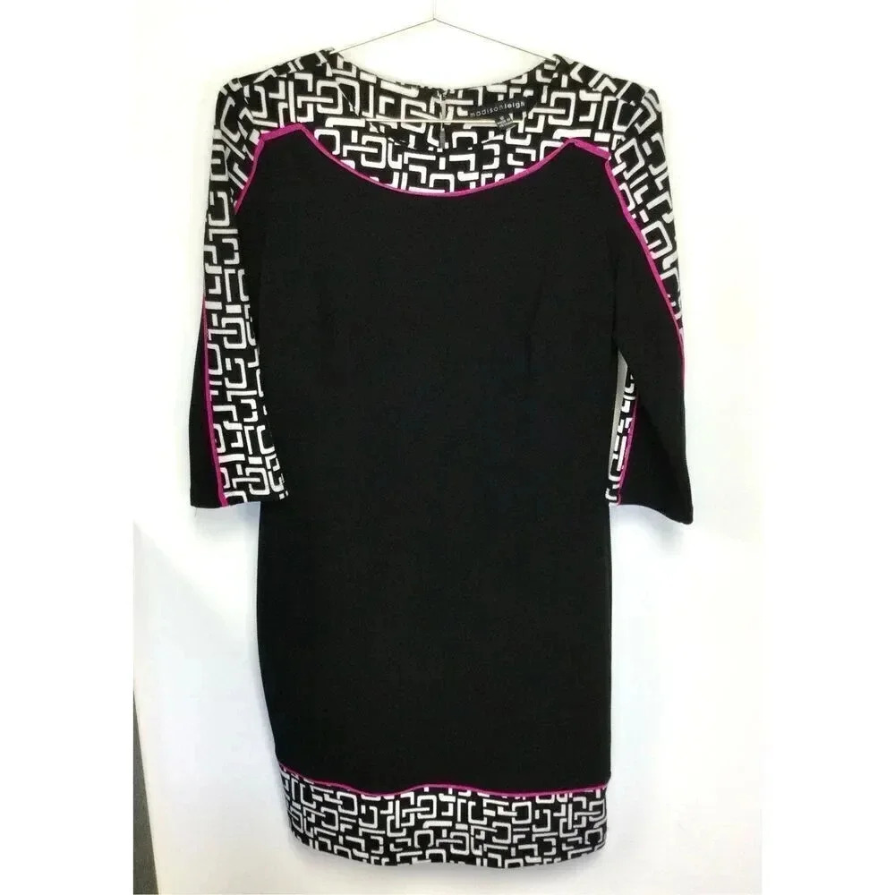 Madison Leigh Womens Black Pink Geometric Print 3/4 Sleeve Sheath Dress Size 10‎